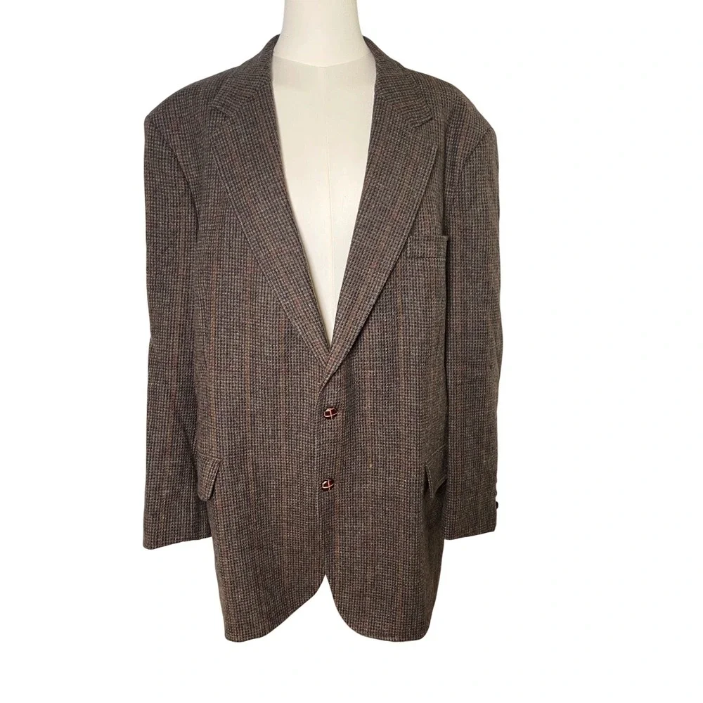 Vintage Wool Tweed Blazer‎ 46L Trophy Club Brown Plaid Academia Heritage Jacket